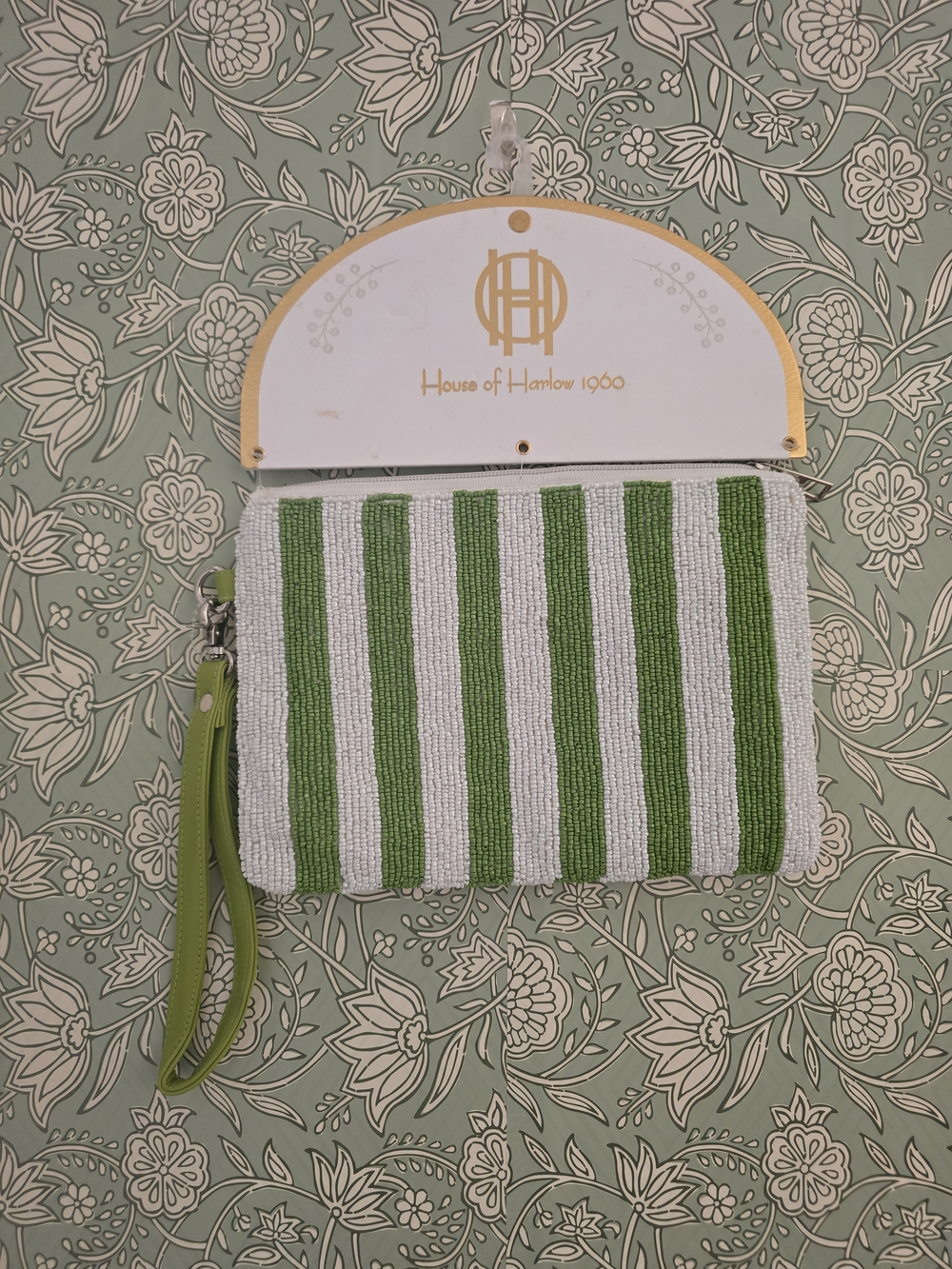 House of Harlow 1960 Green and White Striped Beaded Wristlet Clutch